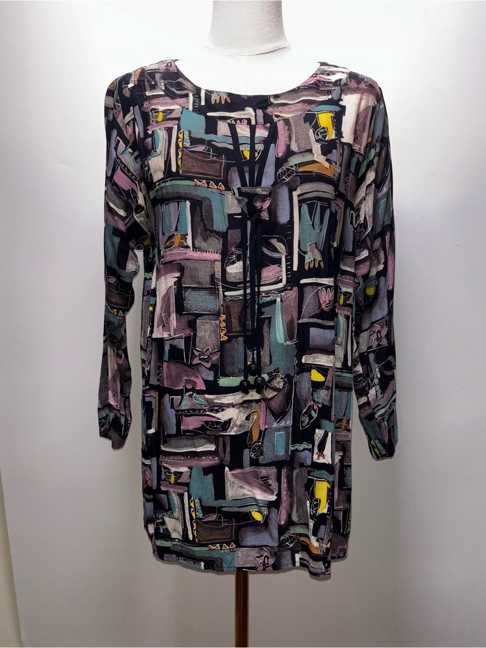 Vintage Carole Little Petites Black Multi Abstract Print Top Size 8
